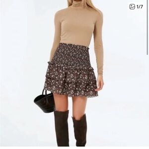 Hyacinth House Smocked Floral Ruffle Mini Skirt in Brown